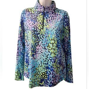 IBKUL Camille navy print long sleeve quarter zip golf sport shirt UPF50 M